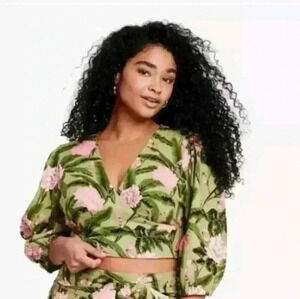 Agua Bendita For Taget Womens Green Floral Print Tropical Front Tie Top XXL